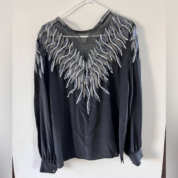 Vintage 80’s Argenti 100% Pure Silk Black Sequin & Beads Black & Silver Blouse - Picture 3 of 6